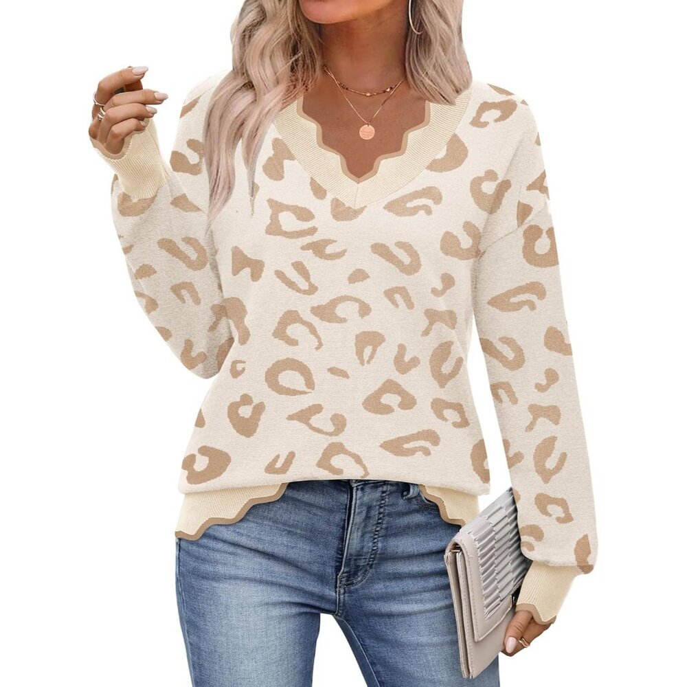 Women's Fall V Neck Sweater Long Sleeve Ribbed Knit Pullover Sweater Top Leopard